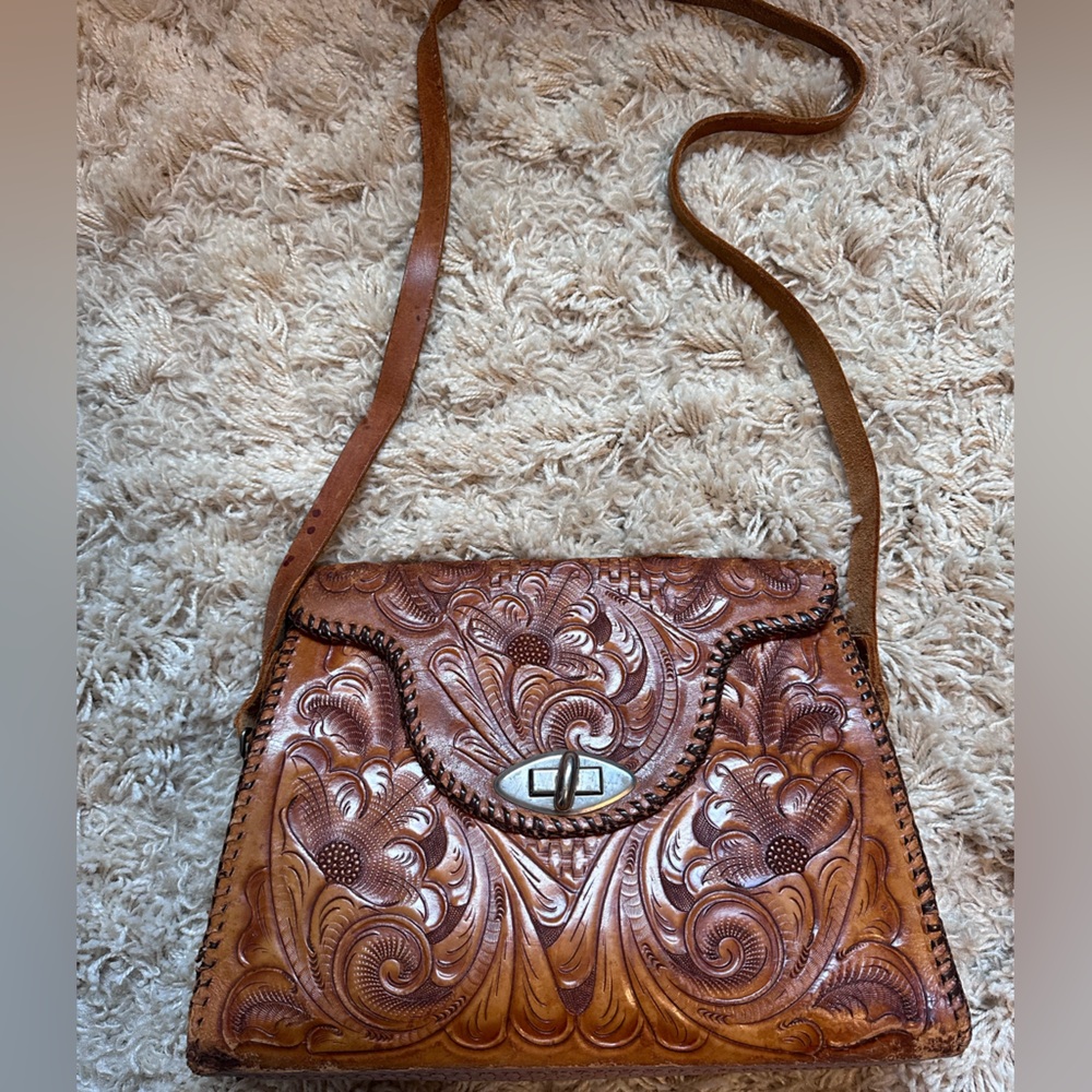 Vintage Tooled Leather Crossbody Purse